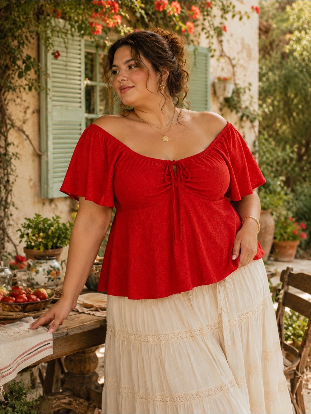 Cherry Red Eyelet Peplum Top Plus Size 3X Tomato Girl Cottagecore Boho Blouse